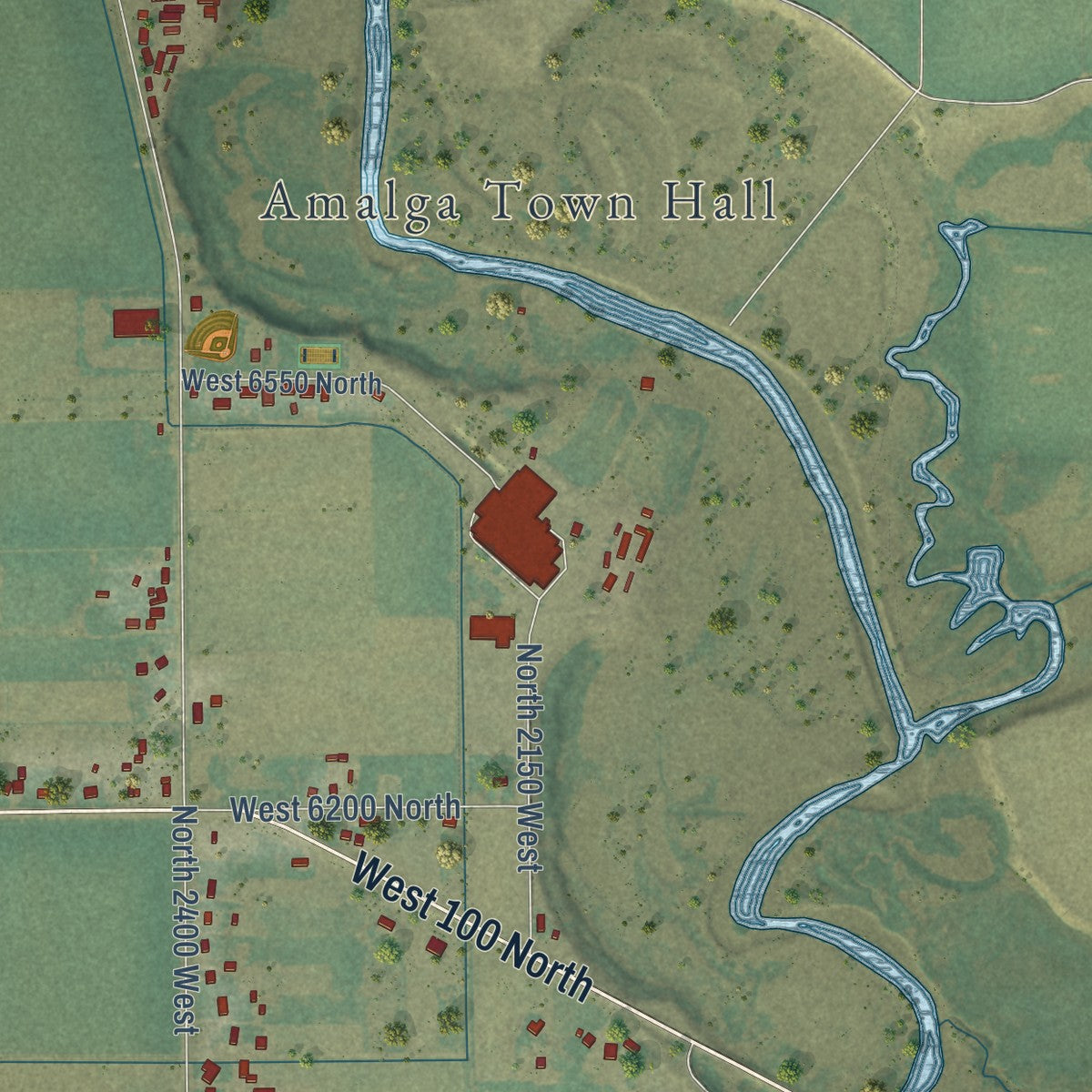 Second close-up of the map of Amalga, Utah print showing more streets and buildings