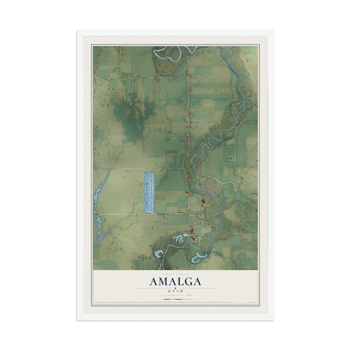 Map of Amalga, Utah, 12 x 18 inch print in a white wood frame