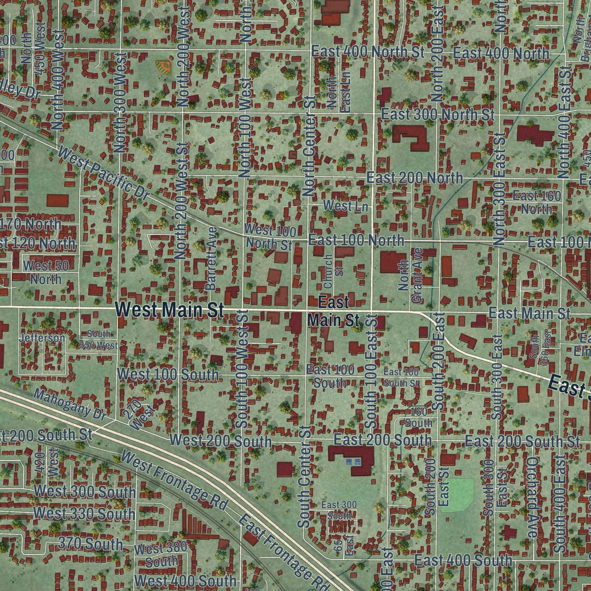 Close-up of the map of American Fork, Utah print showing street and building detail