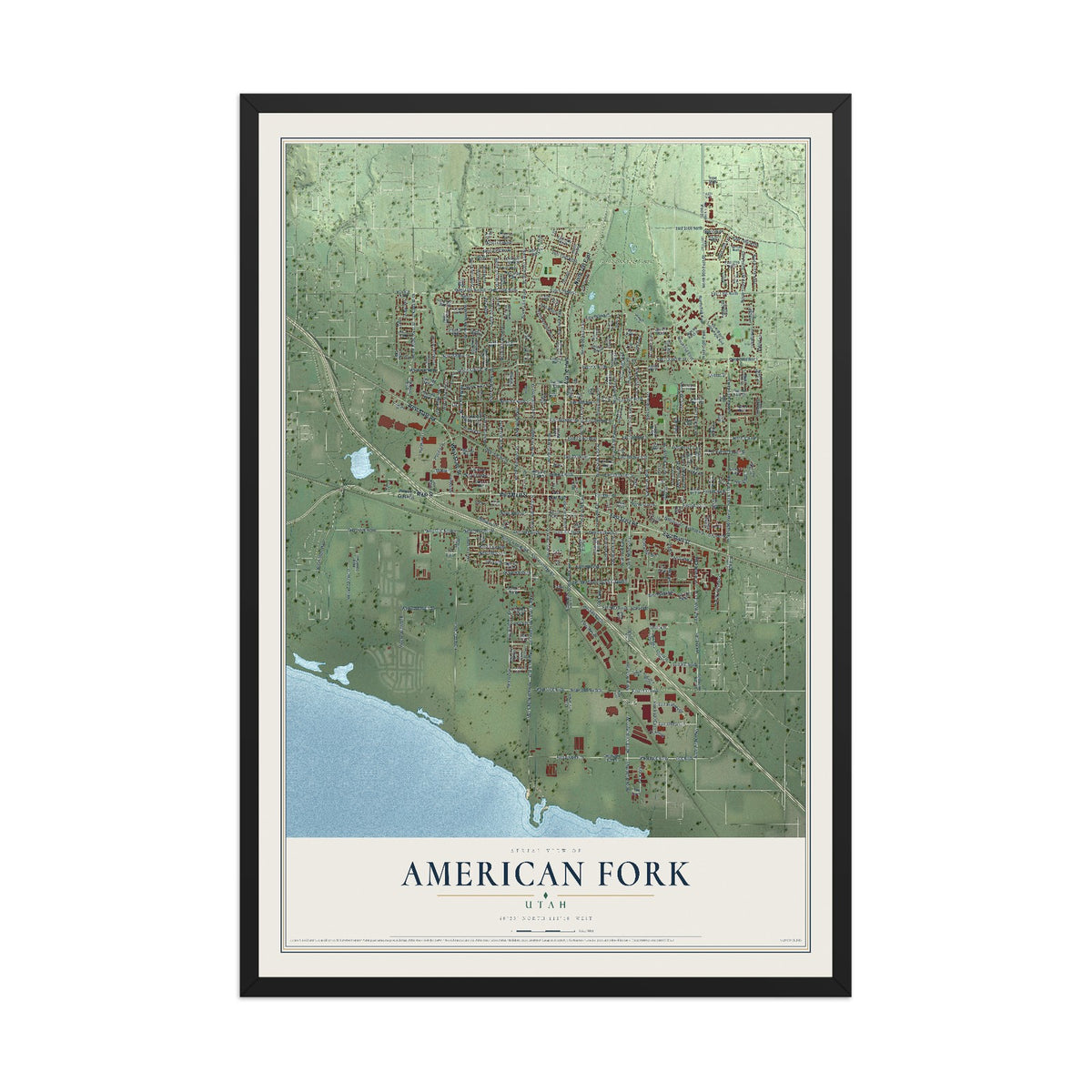 Map of American Fork, Utah, 12 x 18 inch print in a black wood frame