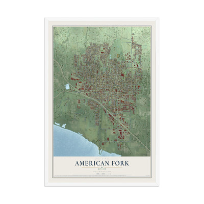 Map of American Fork, Utah, 12 x 18 inch print in a white wood frame