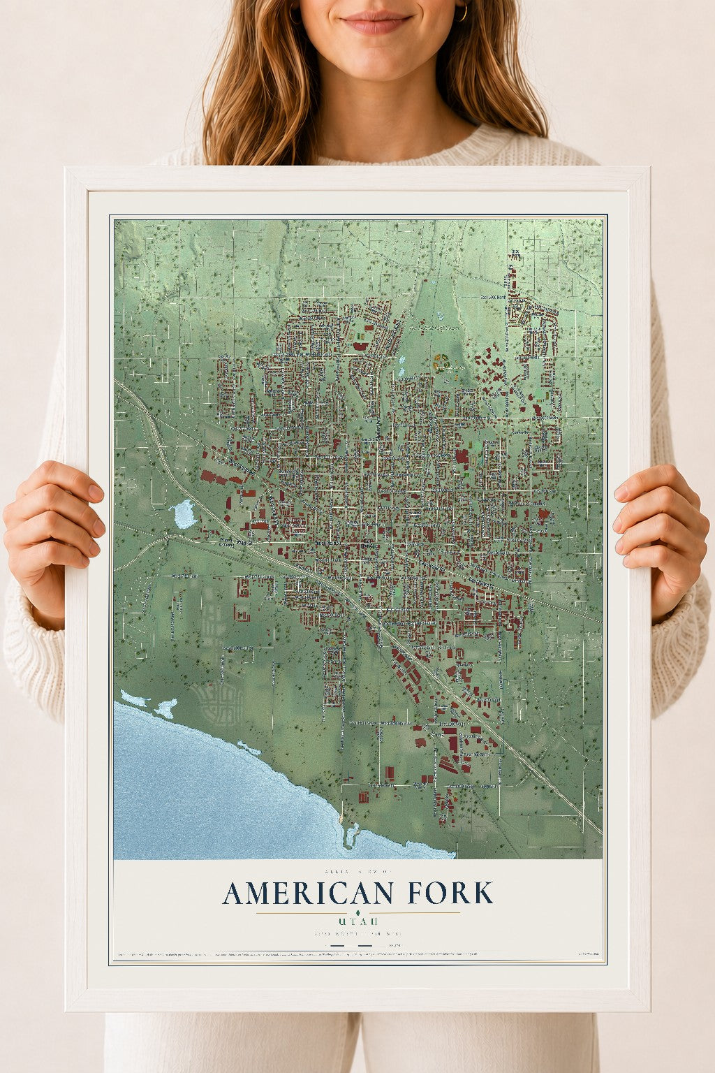 Map of American Fork, Utah, 18 x 24 inch print in a white wood frame