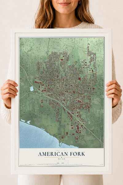Map of American Fork, Utah, 18 x 24 inch print in a white wood frame
