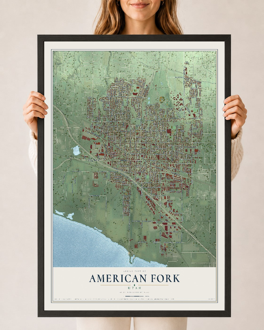 Map of American Fork, Utah, 24 x 36 inch print in a black wood frame