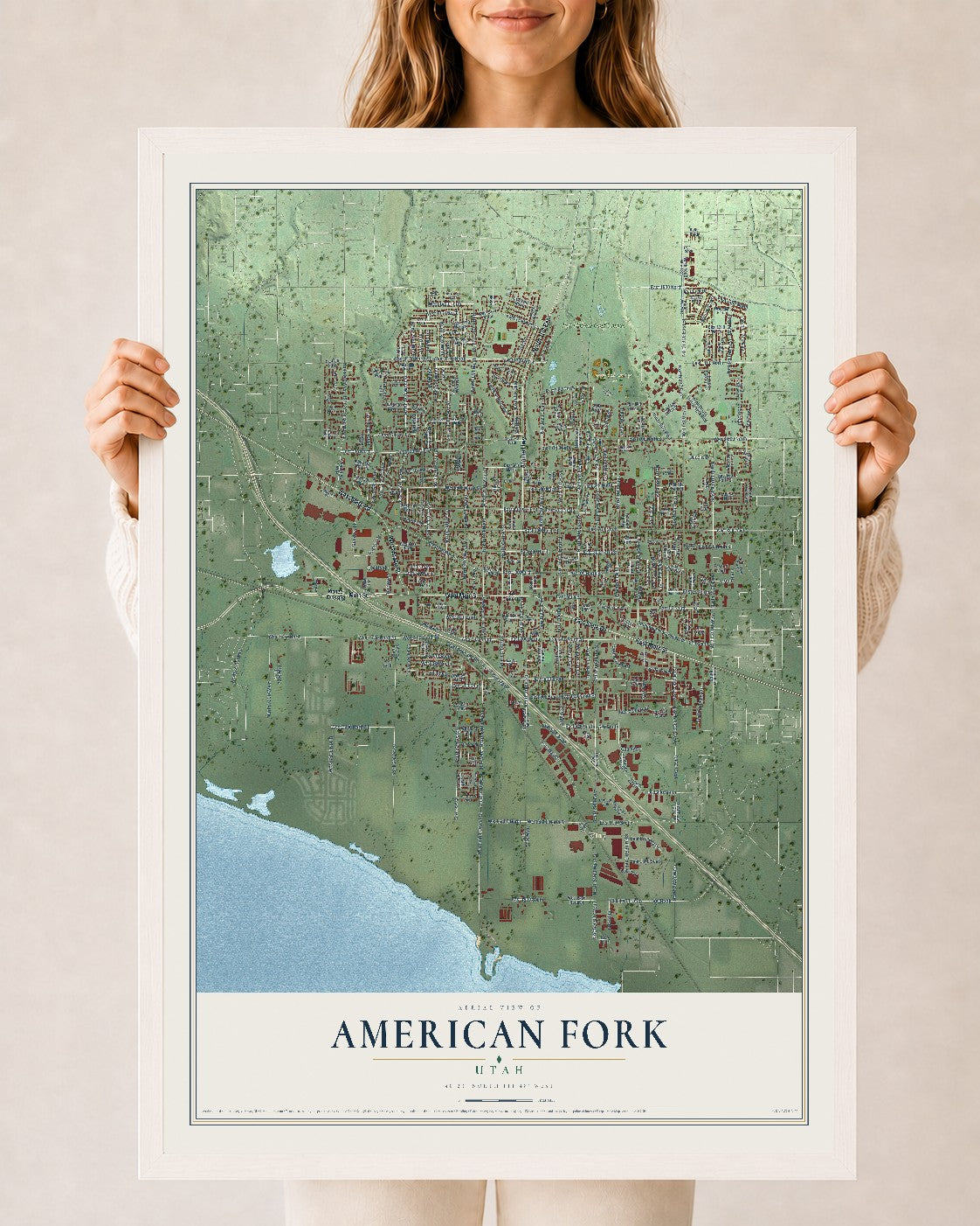 Map of American Fork, Utah, 24 x 36 inch print in a white wood frame