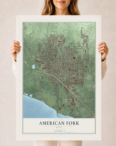 Map of American Fork, Utah, 24 x 36 inch print in a white wood frame