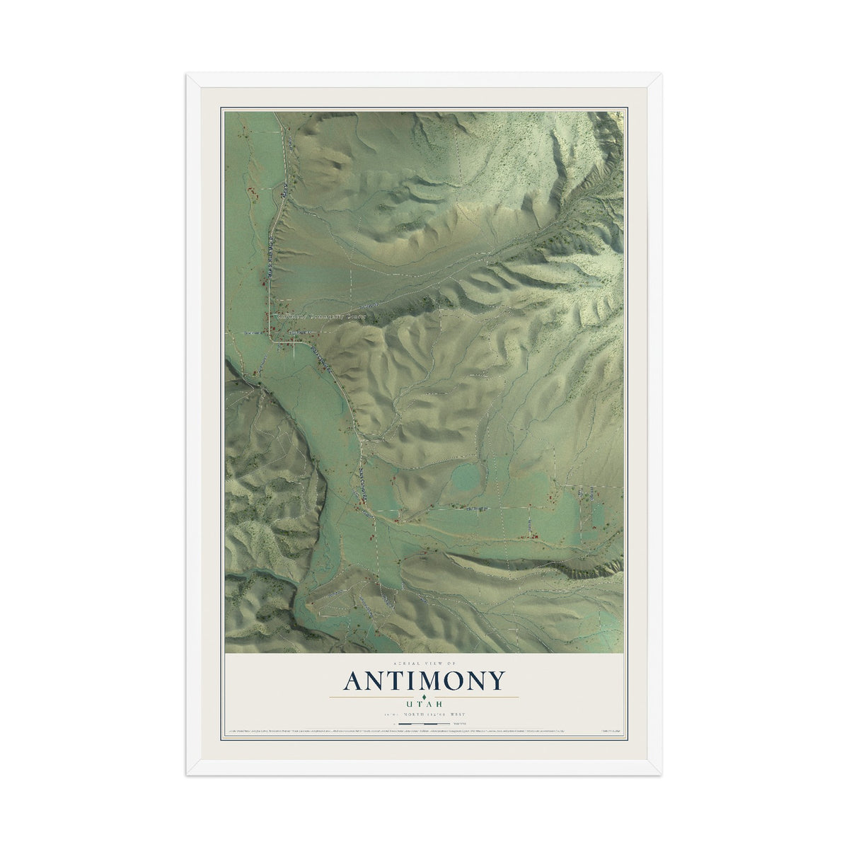 Map of Antimony, Utah, 12 x 18 inch print in a white wood frame