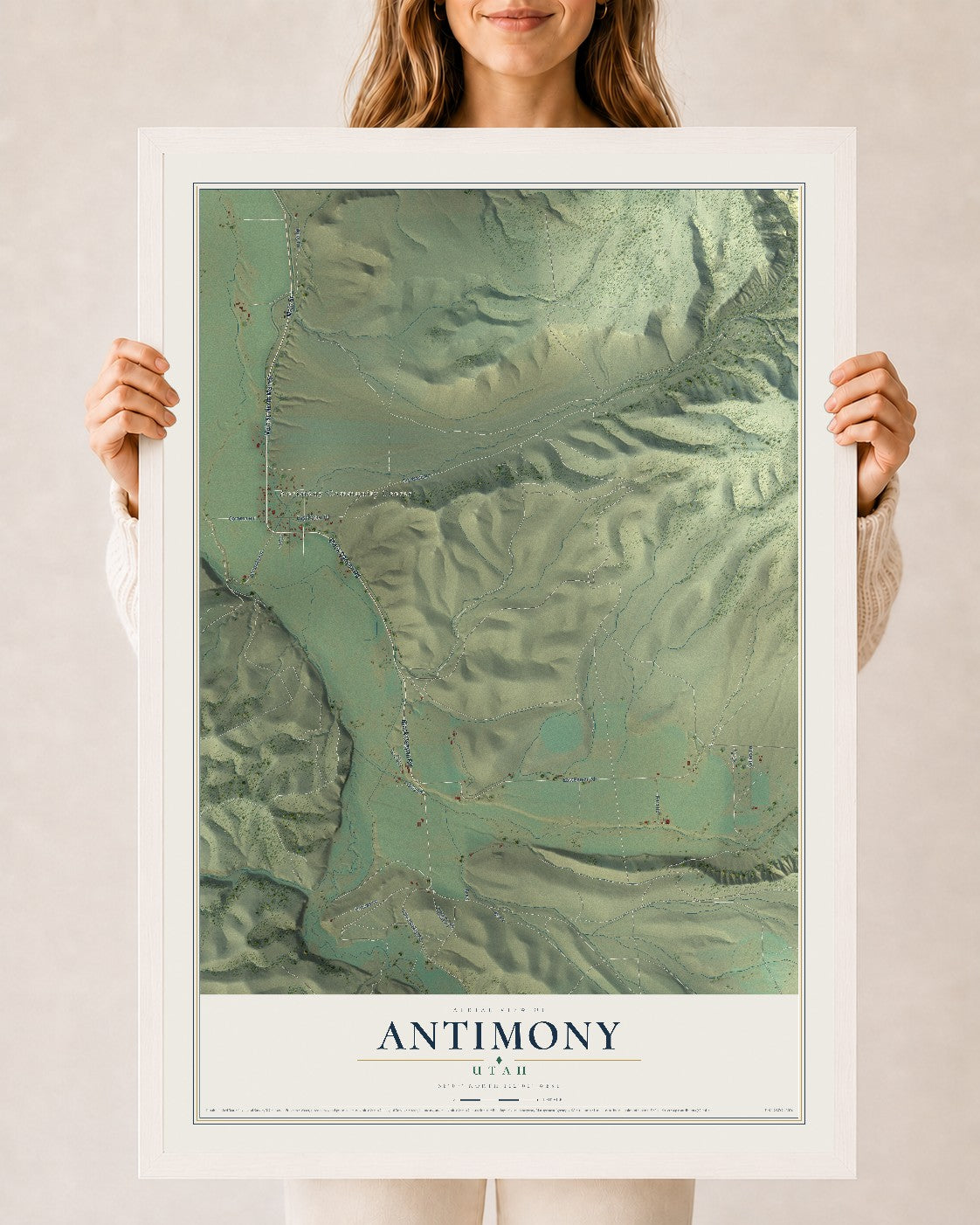 Map of Antimony, Utah, 24 x 36 inch print in a white wood frame