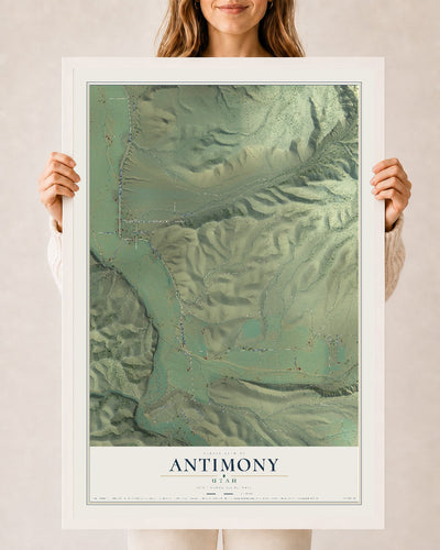 Map of Antimony, Utah, 24 x 36 inch print in a white wood frame