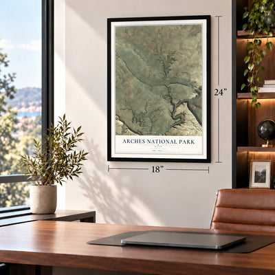 Arches National Park, Utah map, 18 x 24 inch print in a black frame in a home office