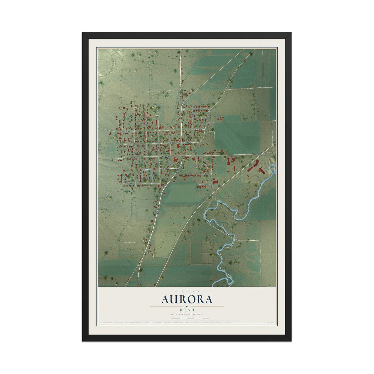 Map of Aurora, Utah, 12 x 18 inch print in a black wood frame