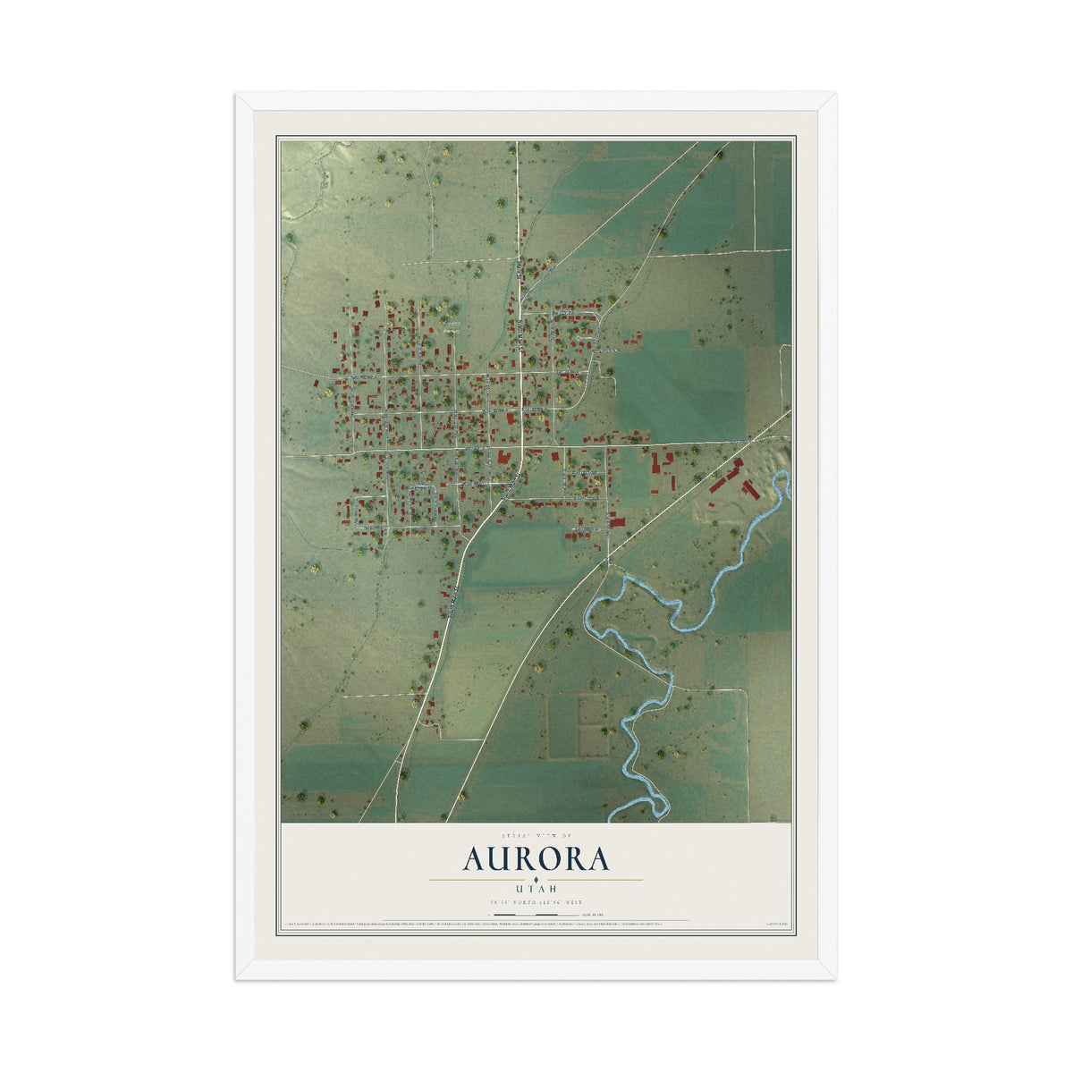 Map of Aurora, Utah, 12 x 18 inch print in a white wood frame