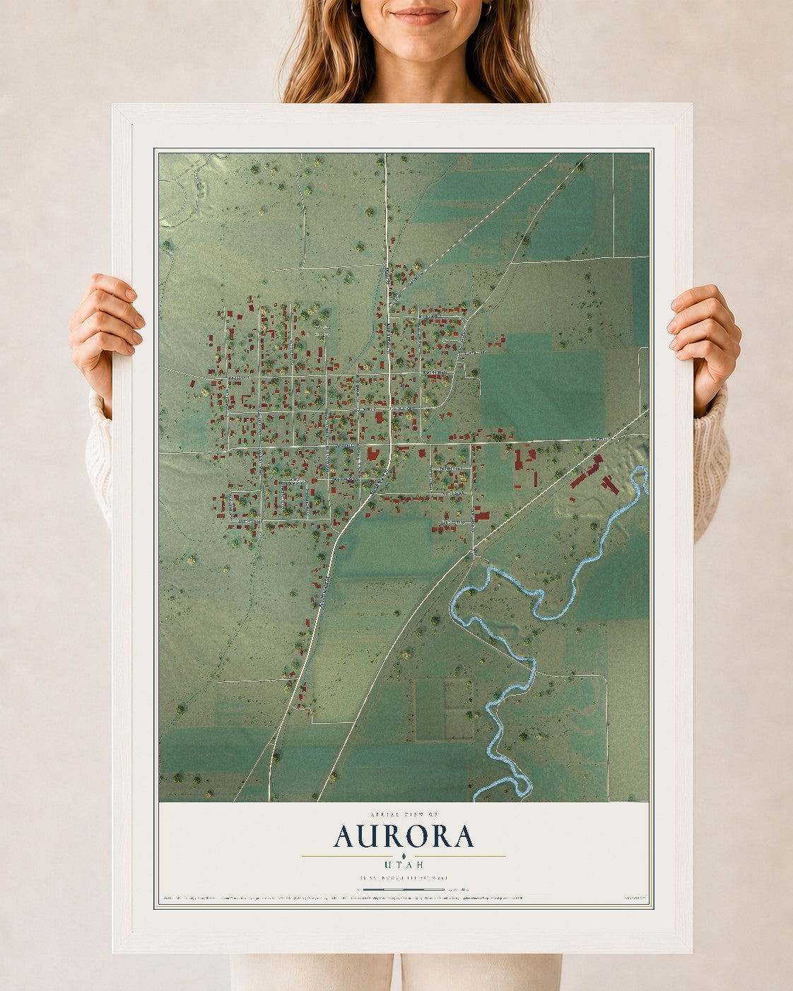 Map of Aurora, Utah, 24 x 36 inch print in a white wood frame