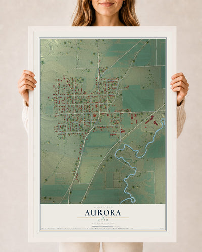 Map of Aurora, Utah, 24 x 36 inch print in a white wood frame