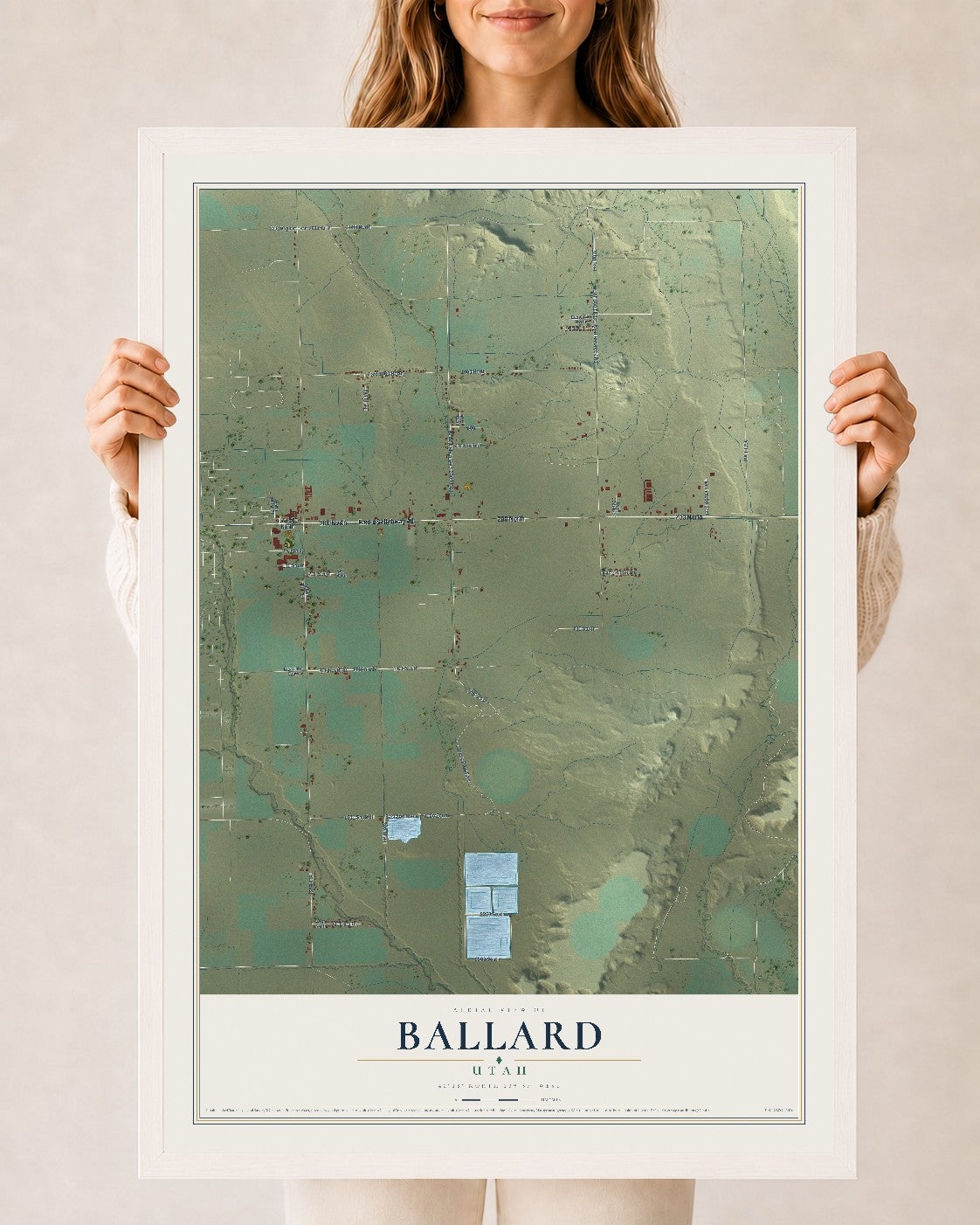 Map of Ballard, Utah, 24 x 36 inch print in a white wood frame