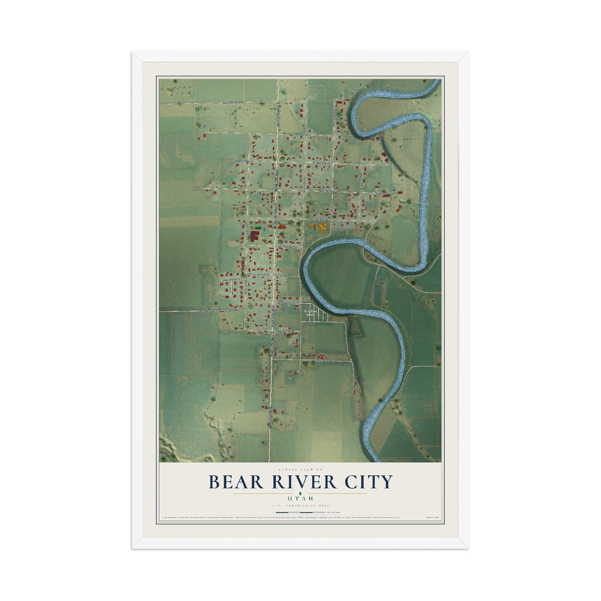 Map of Bear River City, Utah, 12 x 18 inch print in a white wood frame