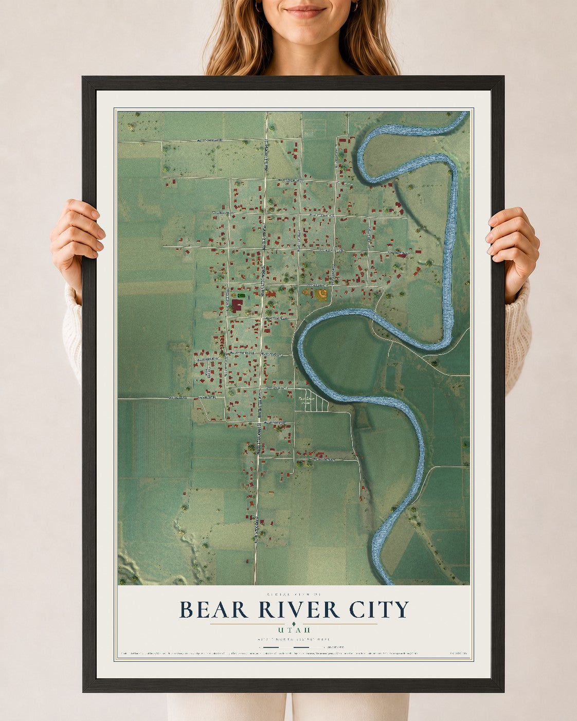 Map of Bear River City, Utah, 24 x 36 inch print in a black wood frame