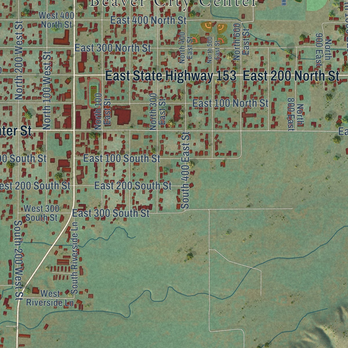 Close-up of the map of Beaver, Utah print showing street and building detail