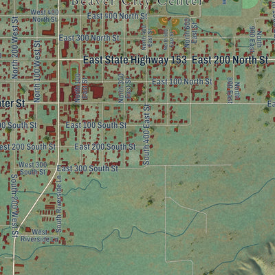 Close-up of the map of Beaver, Utah print showing street and building detail