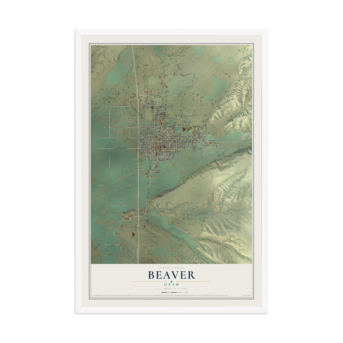 Map of Beaver, Utah, 12 x 18 inch print in a white wood frame