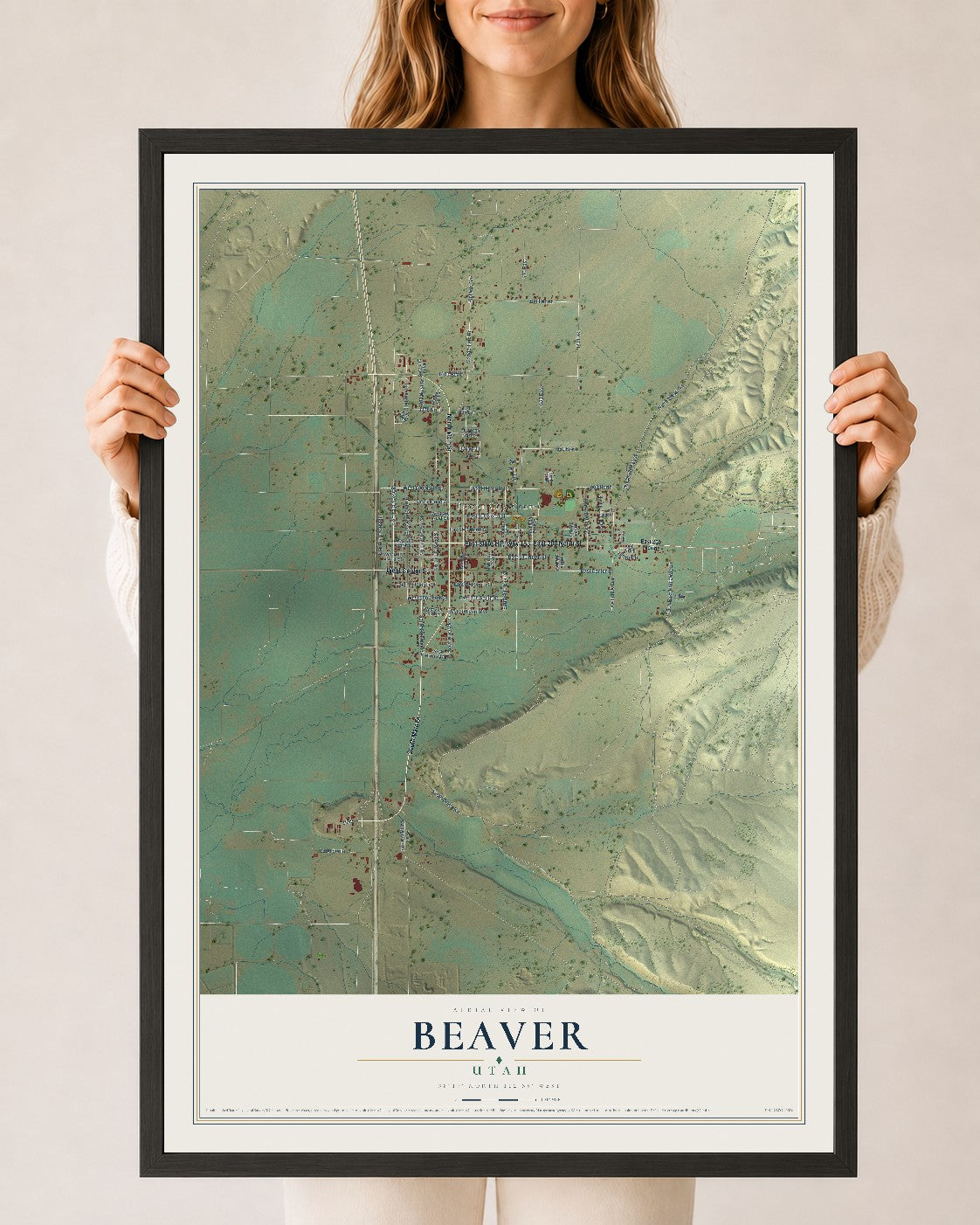 Map of Beaver, Utah, 24 x 36 inch print in a black wood frame