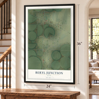 Beryl Junction, Utah map, 24 x 36 inch print in a black frame by a staircase