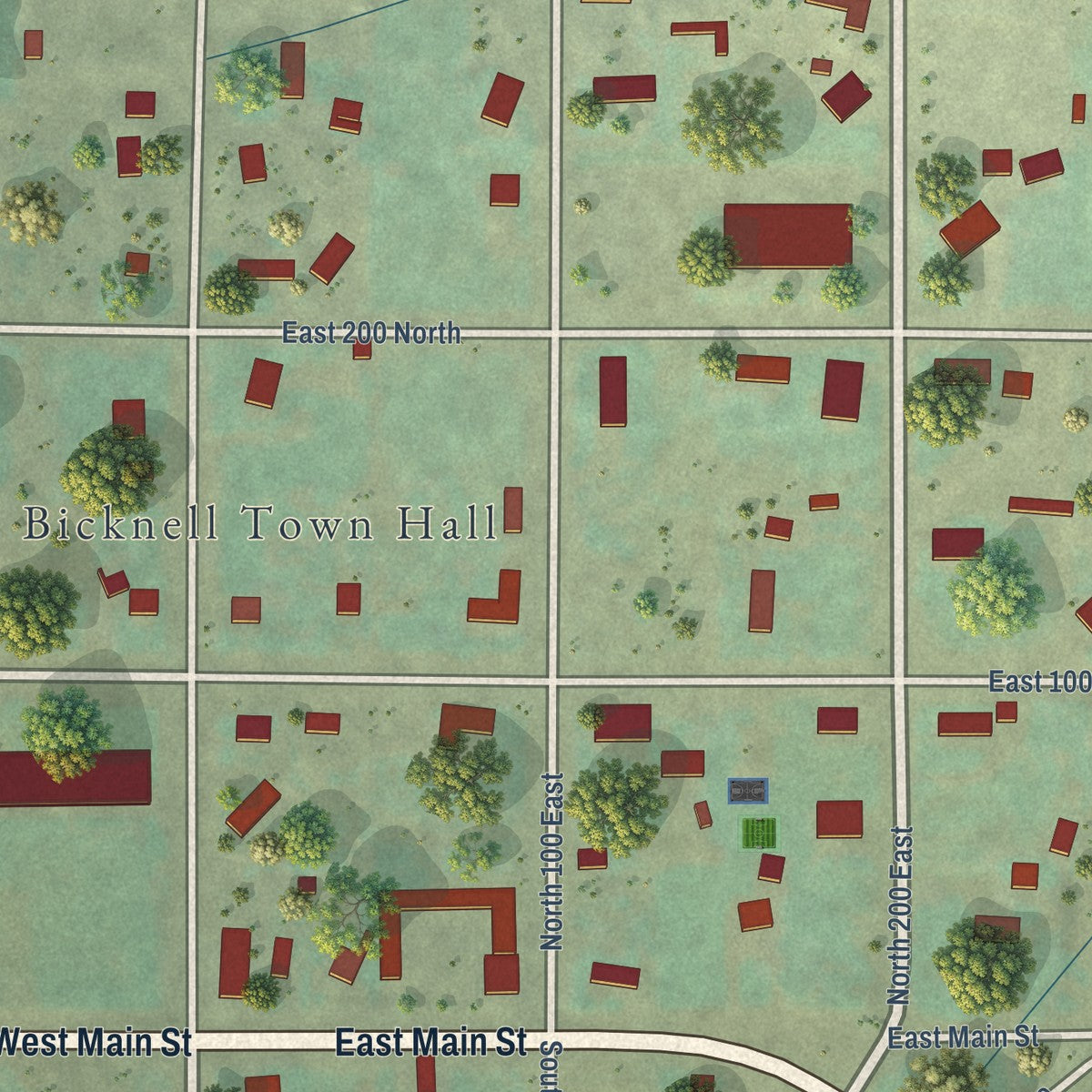 Close-up of the map of Bicknell, Utah print showing street and building detail