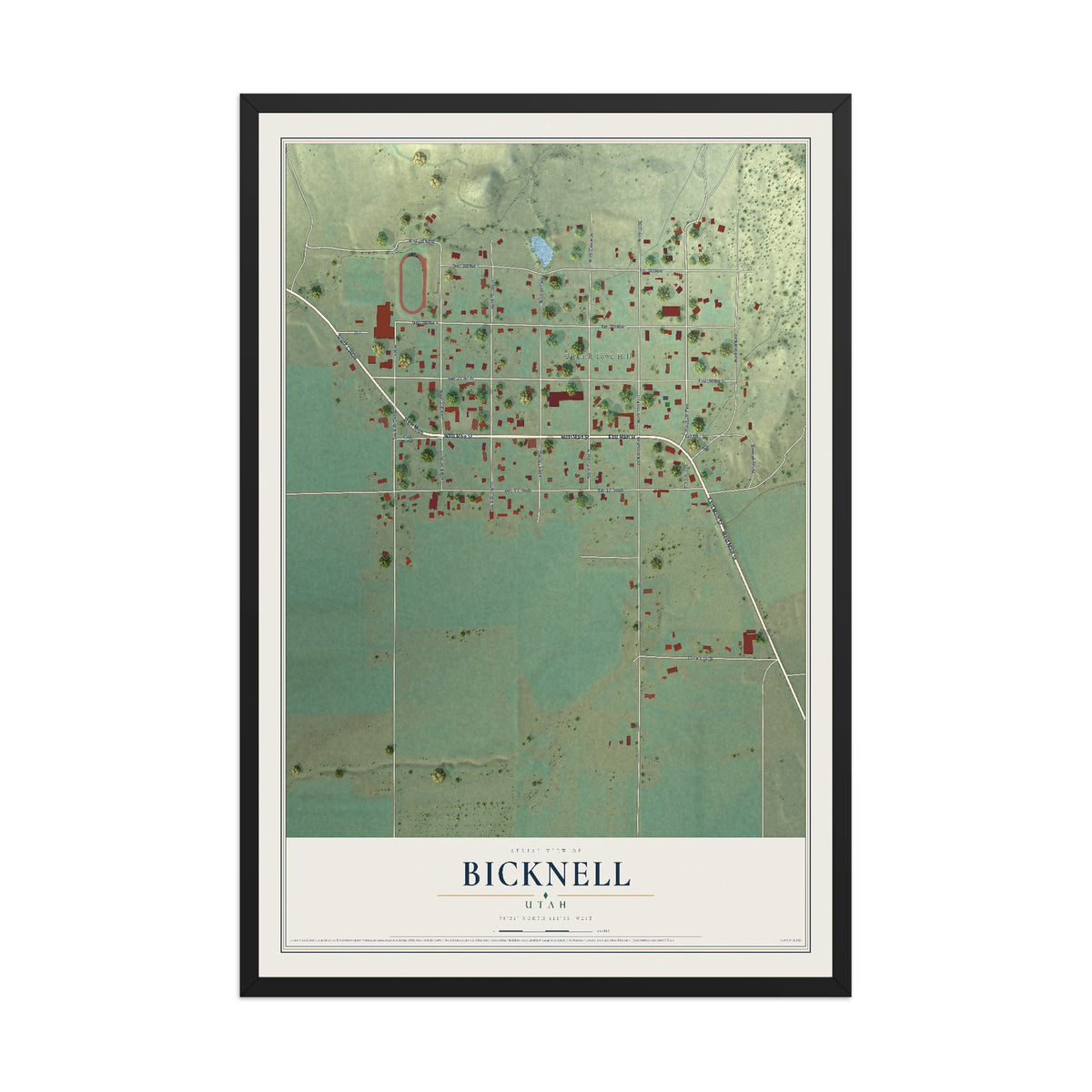 Map of Bicknell, Utah, 12 x 18 inch print in a black wood frame
