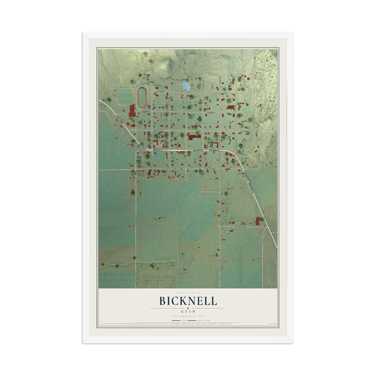 Map of Bicknell, Utah, 12 x 18 inch print in a white wood frame