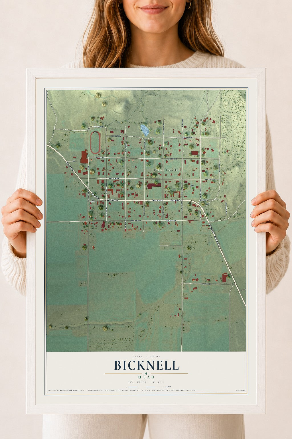 Map of Bicknell, Utah, 18 x 24 inch print in a white wood frame