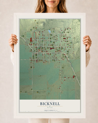 Map of Bicknell, Utah, 24 x 36 inch print in a white wood frame