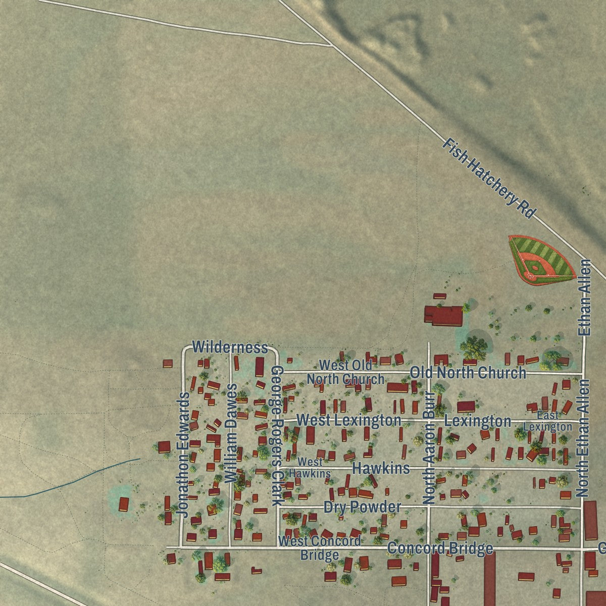 Close-up of the map of Big Water, Utah print showing street and building detail