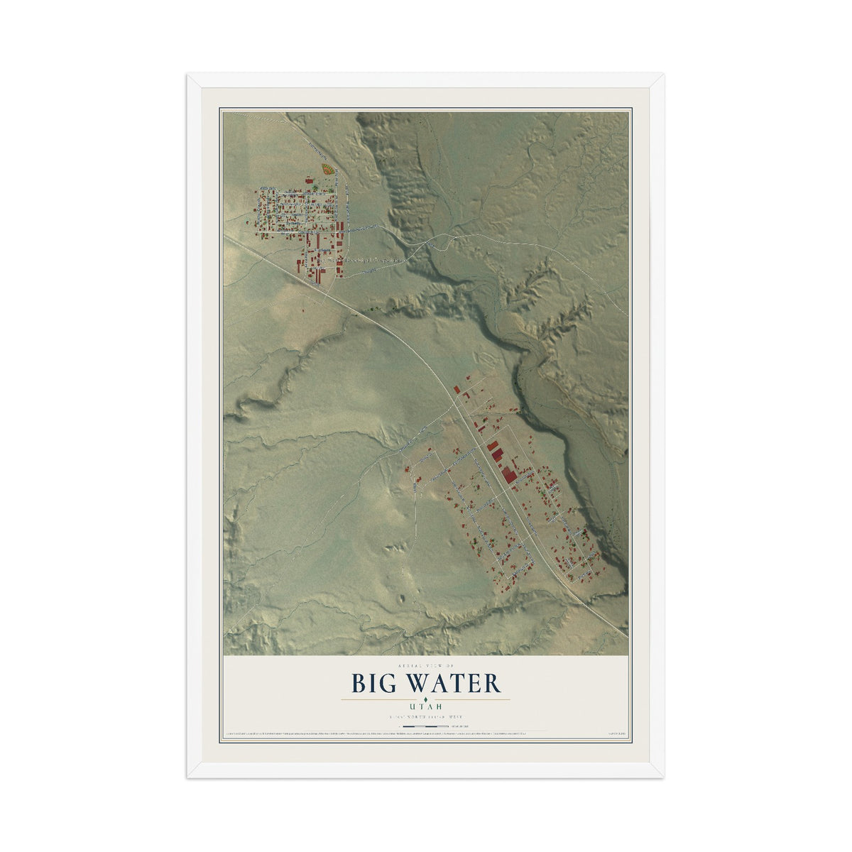 Map of Big Water, Utah, 12 x 18 inch print in a white wood frame