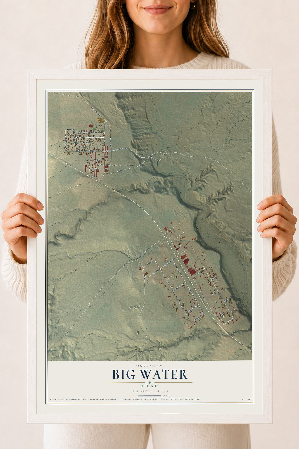 Map of Big Water, Utah, 18 x 24 inch print in a white wood frame