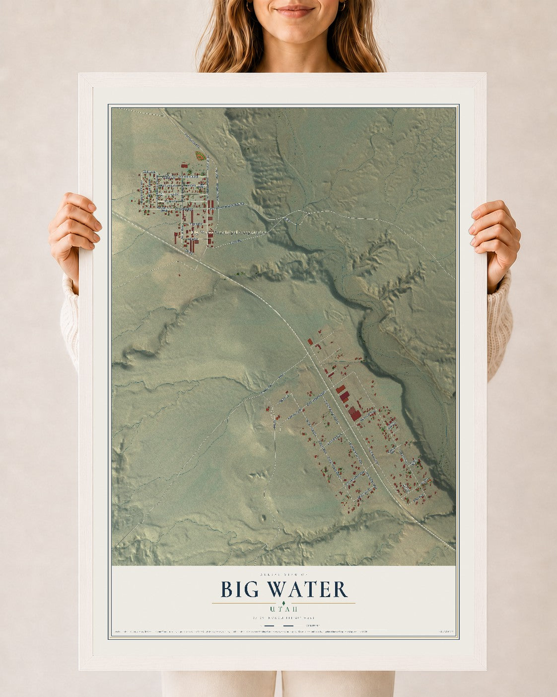 Map of Big Water, Utah, 24 x 36 inch print in a white wood frame