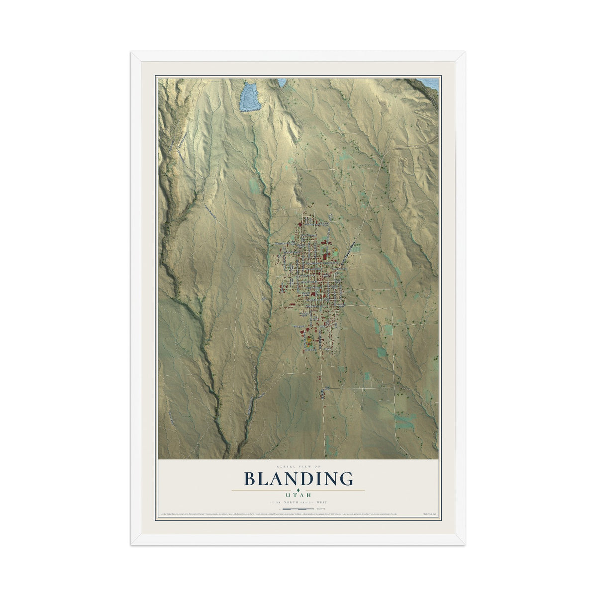 Map of Blanding, Utah, 12 x 18 inch print in a white wood frame