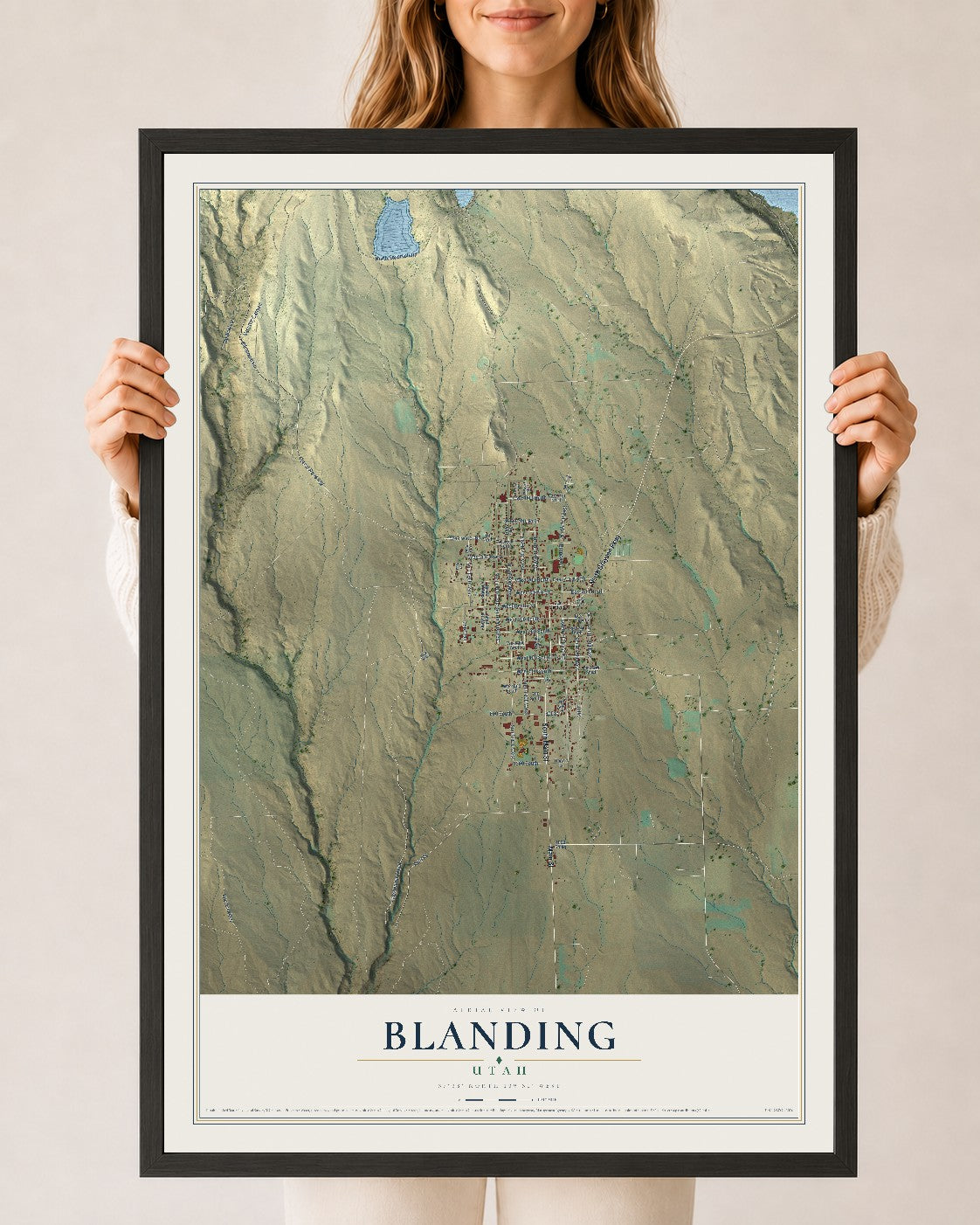 Map of Blanding, Utah, 24 x 36 inch print in a black wood frame