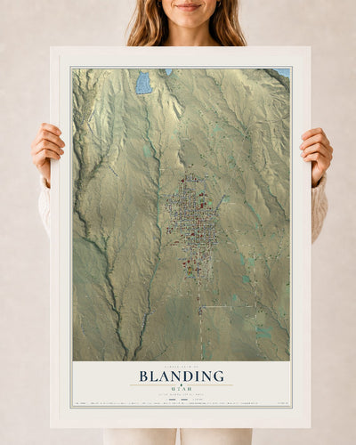 Map of Blanding, Utah, 24 x 36 inch print in a white wood frame
