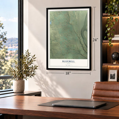 Bluebell, Utah map, 18 x 24 inch print in a black frame in a home office