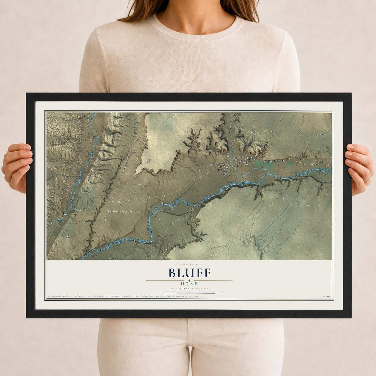 Map of Bluff, Utah, 12 x 18 inch print in a black wood frame
