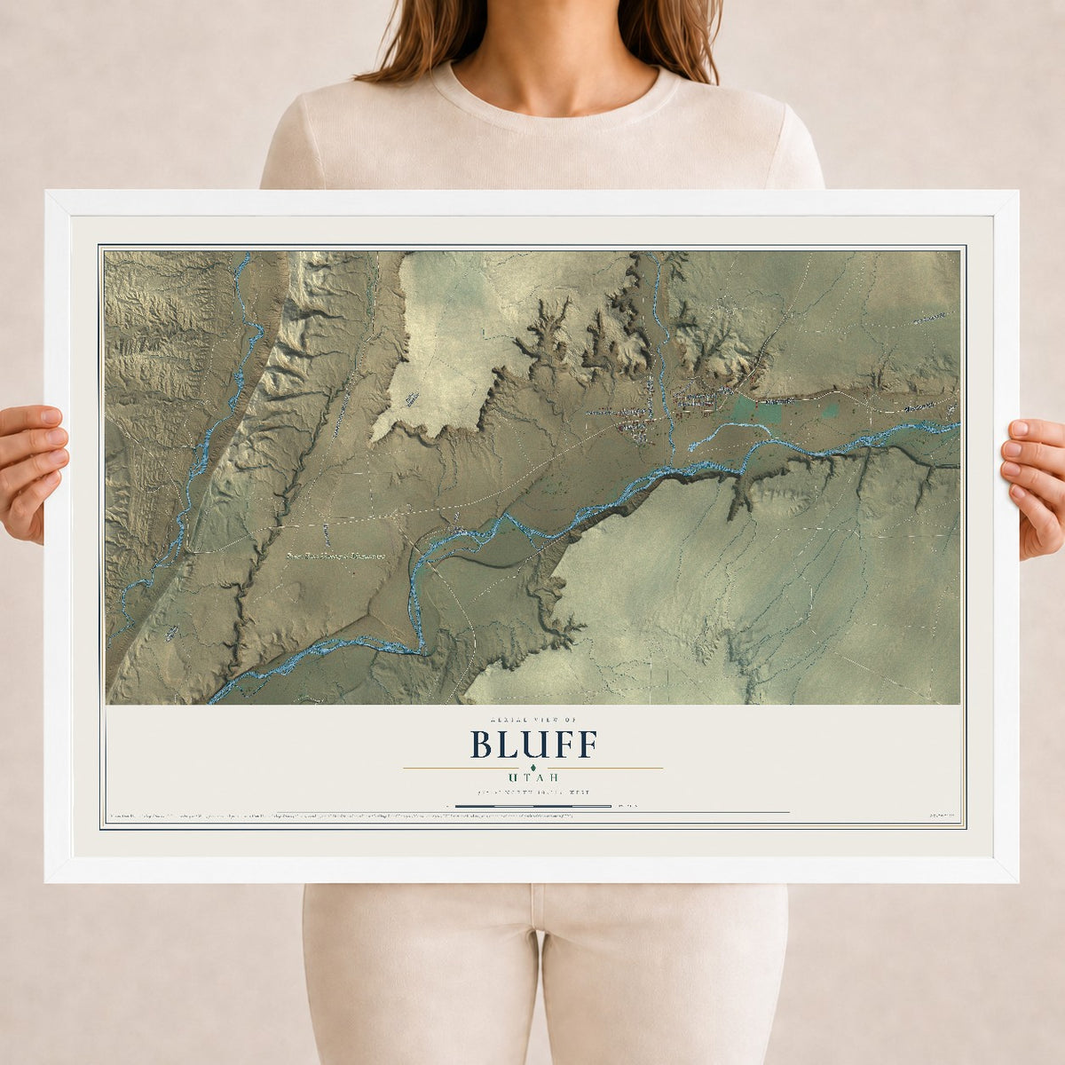 Map of Bluff, Utah, 18 x 24 inch print in a white wood frame