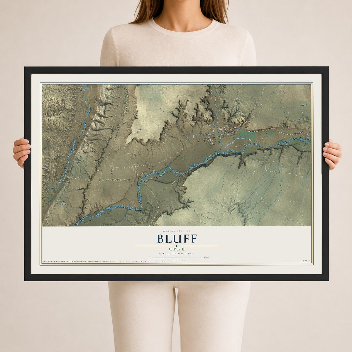 Map of Bluff, Utah, 24 x 36 inch print in a black wood frame