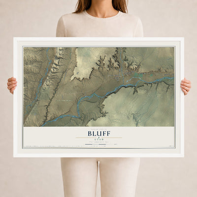Map of Bluff, Utah, 24 x 36 inch print in a white wood frame