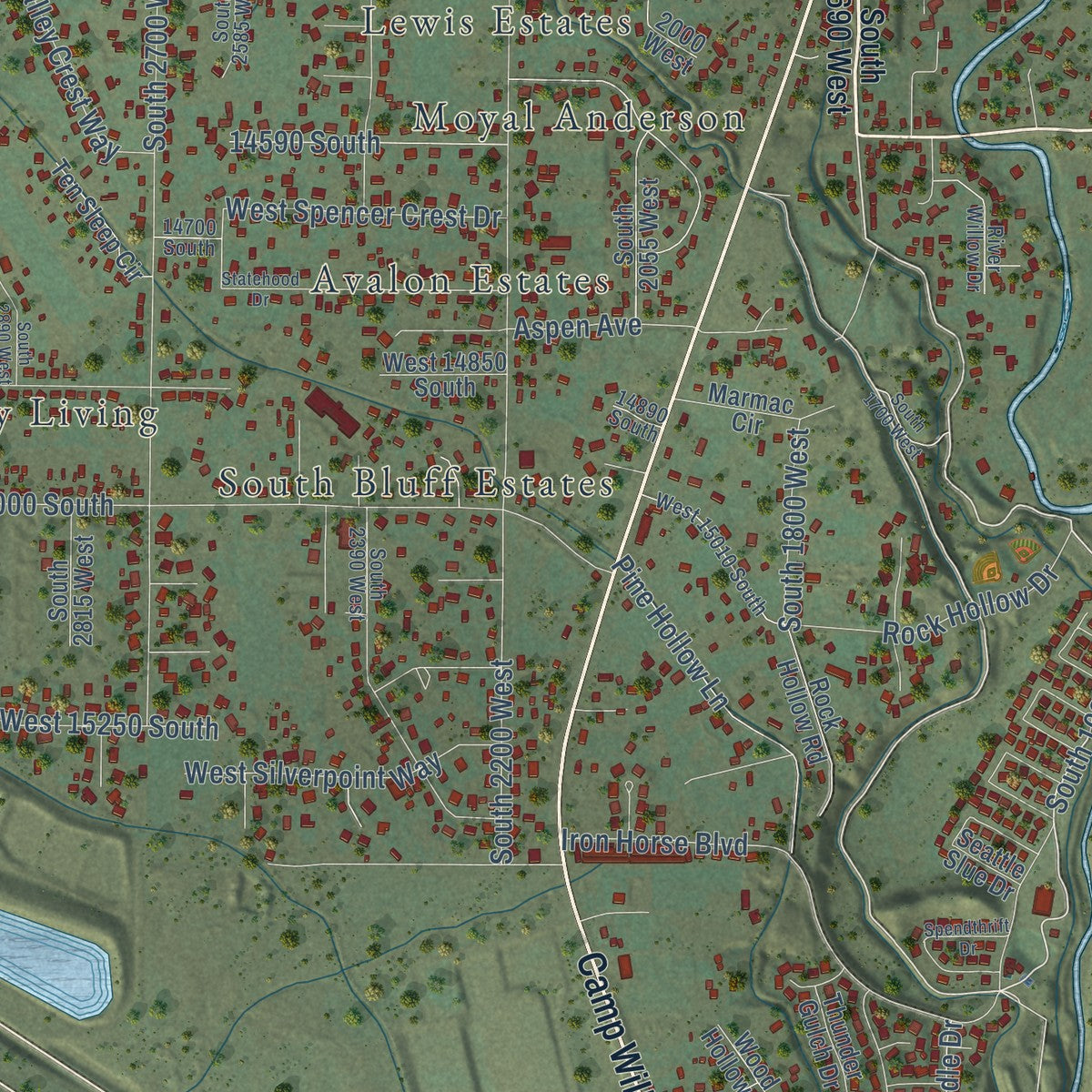Close-up of the map of Bluffdale, Utah print showing street and building detail