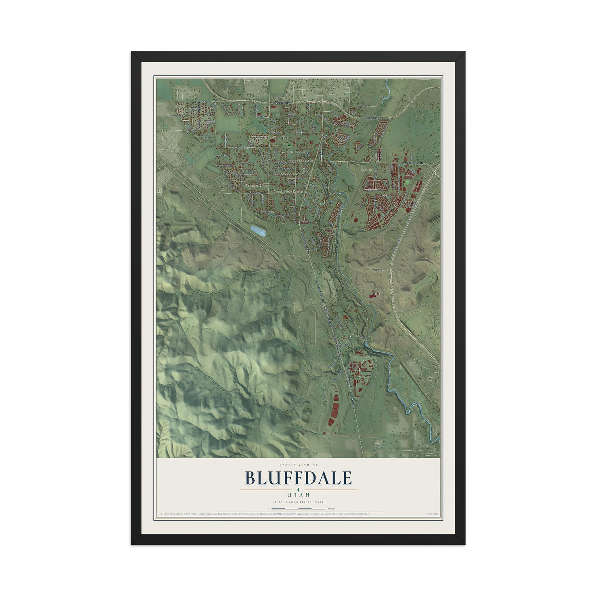 Map of Bluffdale, Utah, 12 x 18 inch print in a black wood frame