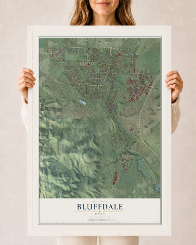 Map of Bluffdale, Utah, 24 x 36 inch print in a white wood frame