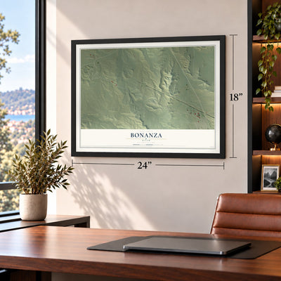 Bonanza, Utah map, 18 x 24 inch print in a black frame in a home office