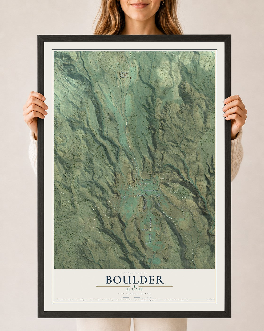 Map of Boulder, Utah, 24 x 36 inch print in a black wood frame
