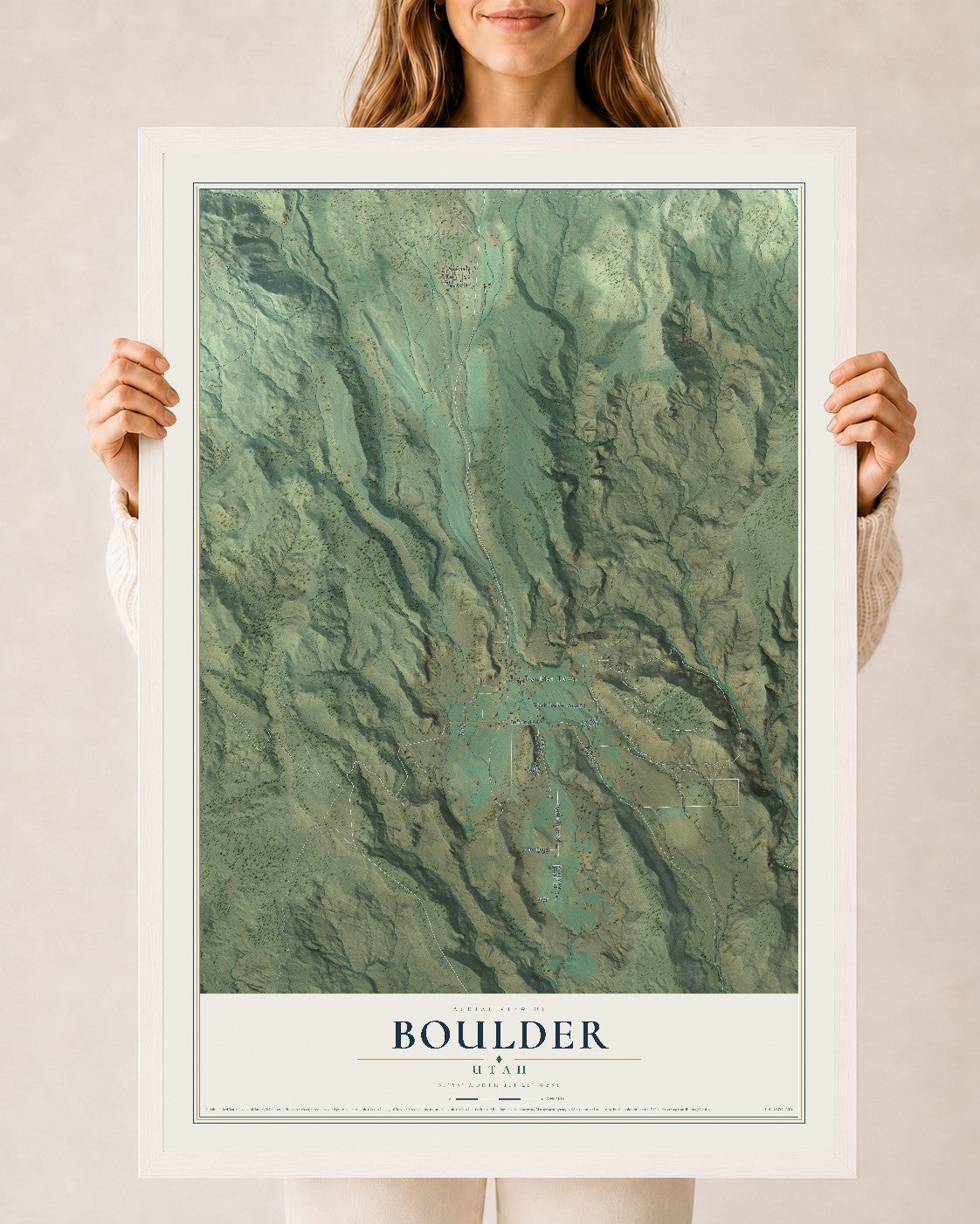 Map of Boulder, Utah, 24 x 36 inch print in a white wood frame
