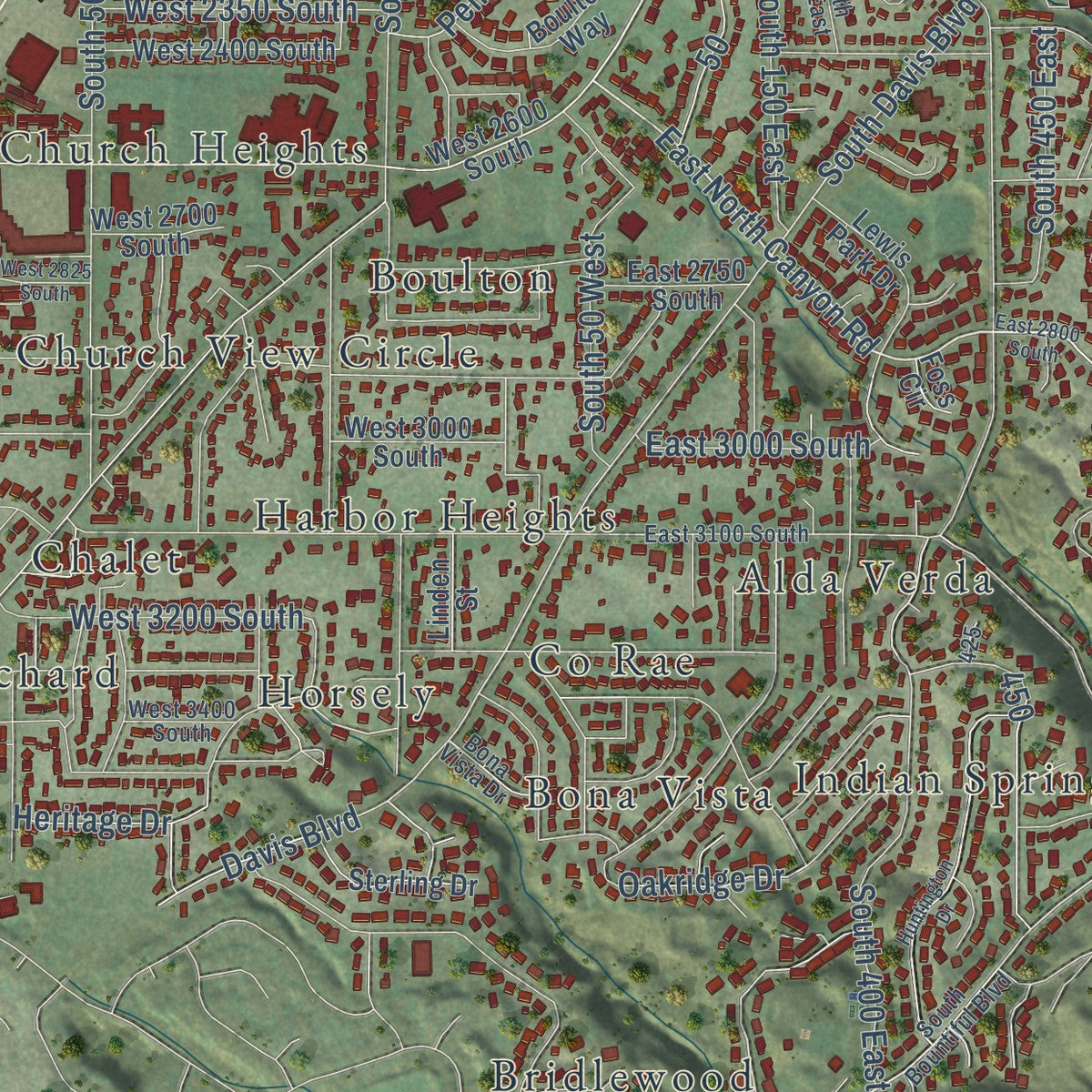 Second close-up of the map of Bountiful, Utah print showing more streets and buildings